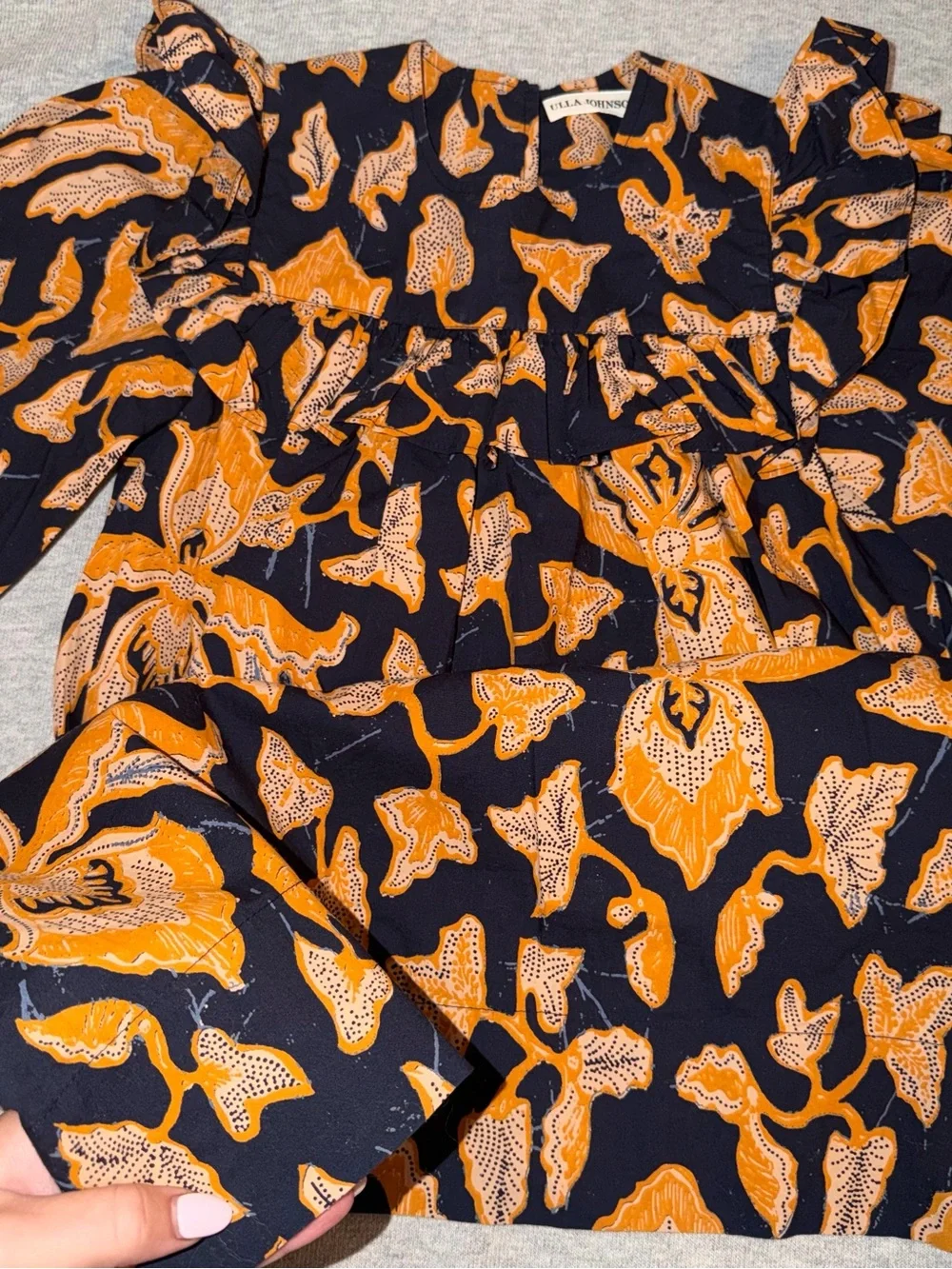 Ulla Johnson Girls Navy Dress with Bold Orange Floral Print